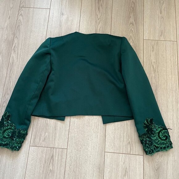 Victor Costa Women Cropped Suit Jacket Sequined Long Sleeve Open Front Green - Picture 12 of 12